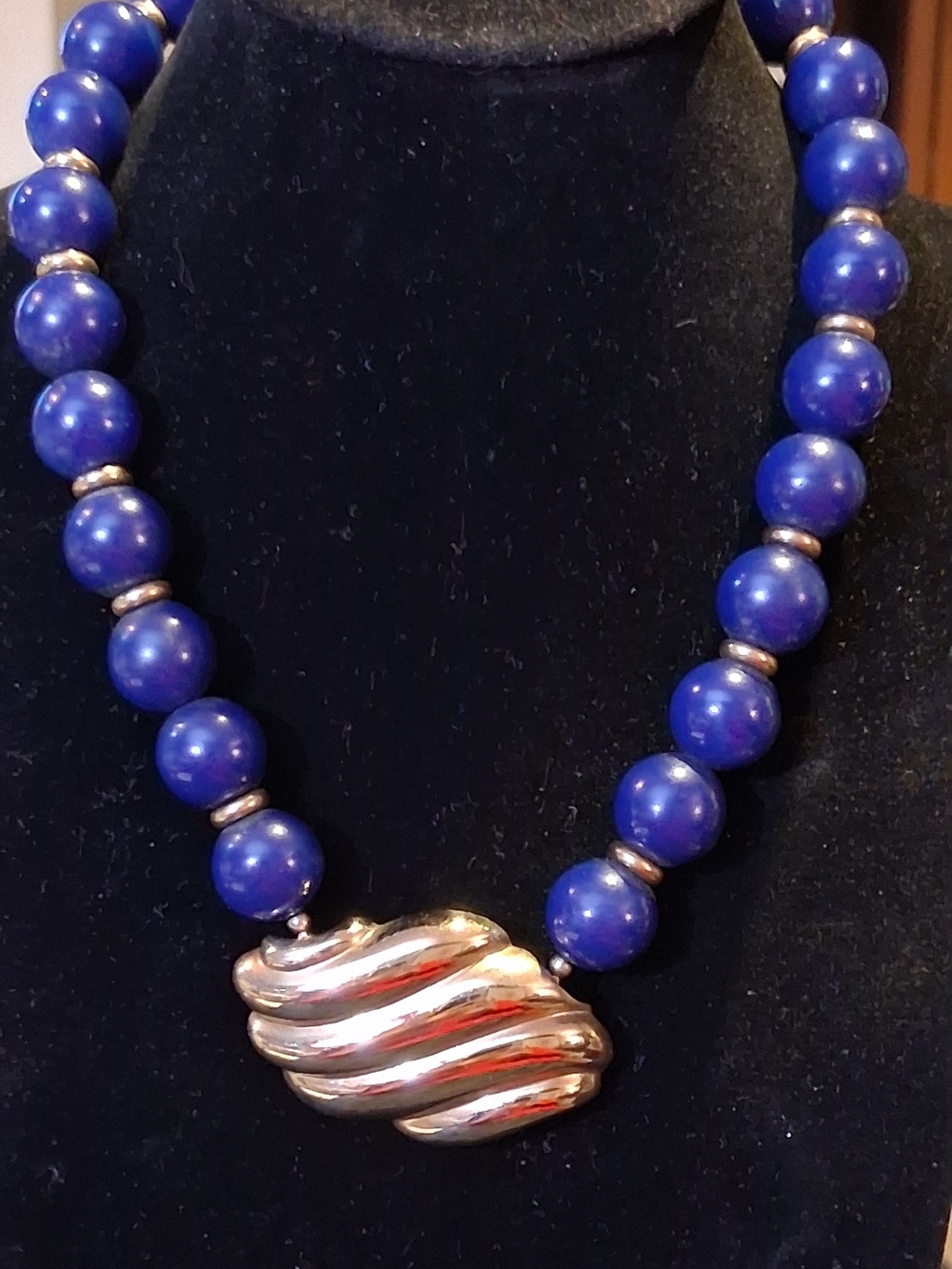 Lapis Blue Plastic Beaded Necklace with Goldtone Accents